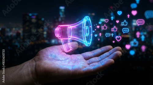 Hand holding a neon megaphone with social media icons floating above it, against a city backdrop.