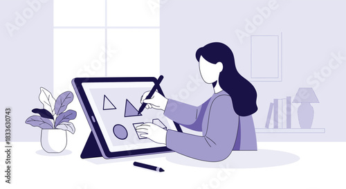 Woman draws geometric shapes on a digital tablet in a bright, minimalist room, showcasing creative work and modern technology.