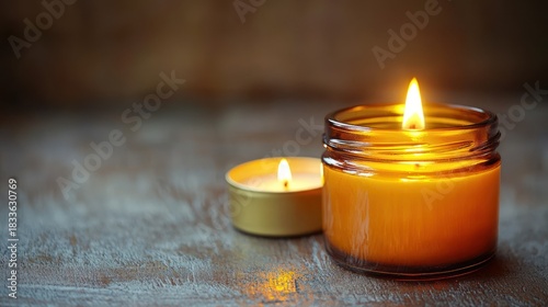 Two warm candles in glass jars
