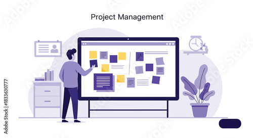Man planning project on whiteboard with sticky notes in modern office, representing teamwork and organization for successful project completion.