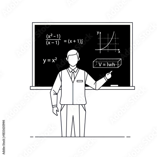 Male teacher explaining mathematics on blackboard in classroom.