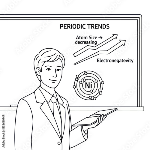 Black and white line art of a male teacher giving a presentation.