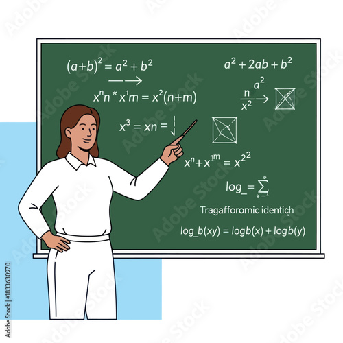 Teacher Explaining Math Formulas on Blackboard in Classroom.