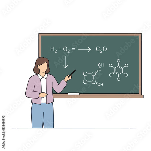 Female Teacher Explaining Chemical Formulas on Chalkboard in Classroom.