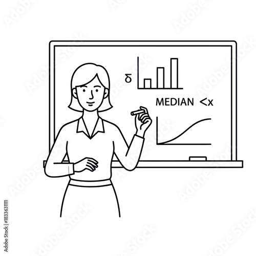 Illustration of a Teacher Explaining Statistics on a Whiteboard.