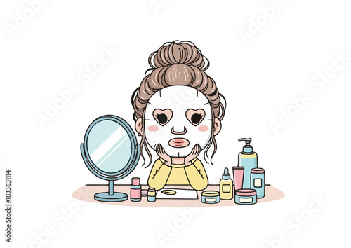 Woman applying facial mask surrounded by skincare products cartoon illustration