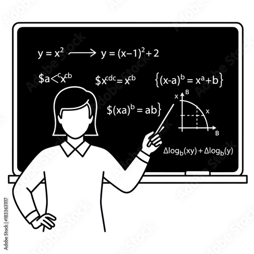 Monochrome vector illustration of a female teacher explaining mathematics.