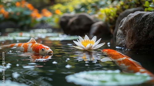 Koi fish in pond with lily