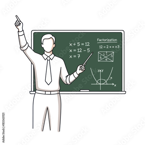 Teacher explaining mathematics on a chalkboard with a pointer.