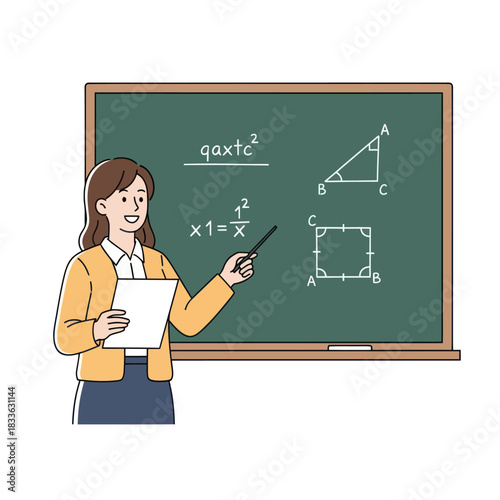 A female teacher explaining mathematical formulas on a blackboard.