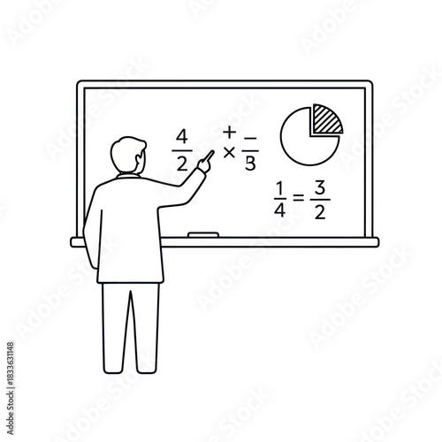 Teacher Explaining Math Problems on Blackboard in Classroom.