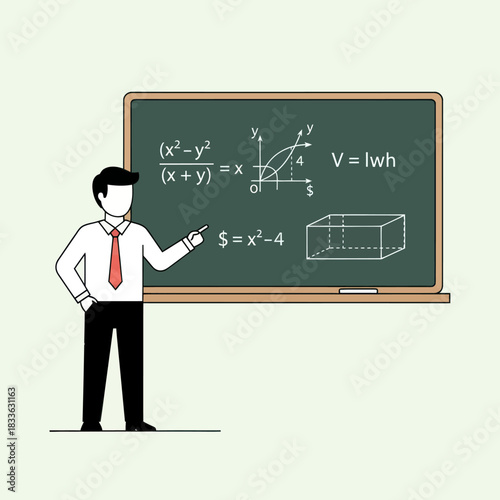 Male teacher explaining complex mathematical formulas on a chalkboard.