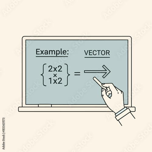 Vector illustration of a blackboard with mathematical equations and a hand drawing an arrow.