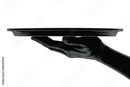 Black gloved hand holding a dark serving tray against a white background offering