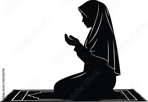 Muslim woman praying silhouette on prayer mat vector illustration