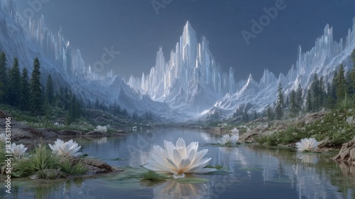 Serene lake reflects towering crystalline ice mountains under a starlit blue night sky
