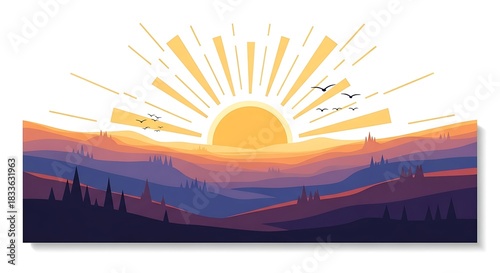 Serene Sunrise Over Mountain Landscape with Birds Silhouette.