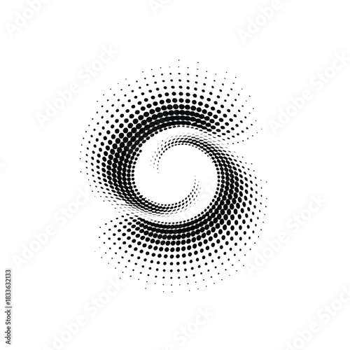 Black halftone dots forming a swirling spiral shape on a white background abstract