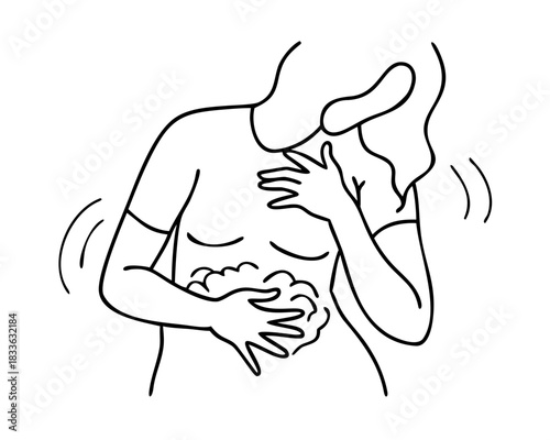 continuous line of woman vomiting. one line drawing of woman holding her stomach and covering her mouth. one line concept of woman having stomach ache, menstruation, pregnancy, etc.

