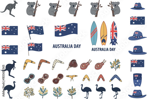 Australia Day Icons Set Kangaroo, Koala, Flag, and Aussie Symbols Vector Art