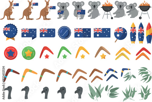 Australian Icons Kangaroo, Koala, Flag, and Boomerang Illustration