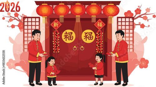 Happy Chinese family in traditional red clothing celebrating Lunar New Year 2026 giving red envelopes.