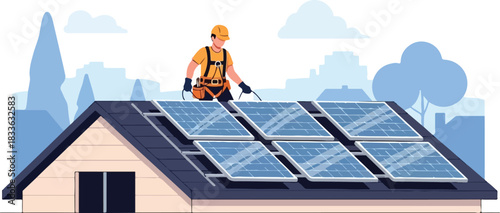 Vector illustration of a technician in a safety harness installing blue solar panels on a residential house roof.