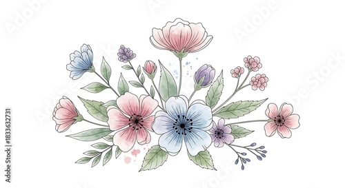 Watercolor floral arrangement with pastel colors for wedding invitations.