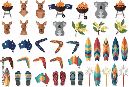 Australian Symbols Collection Vector Icons of Wildlife, BBQ, and Beach