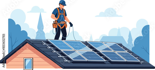 Solar Panel Installation: Technician on Roof Installing Renewable Energy System.