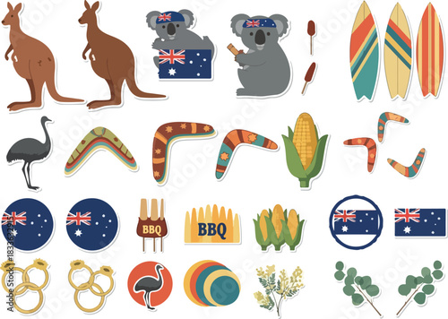 Australia Icons Kangaroos, Koalas, Surfboards & BBQ Elements for Design