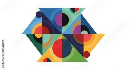 Abstract Geometric Composition with Circles and Triangles in Vibrant Colors.