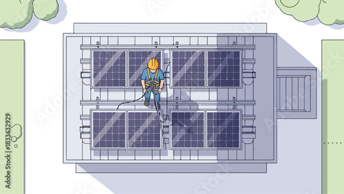 Overhead View of Solar Panel Technician in Safety Harness on Roof.