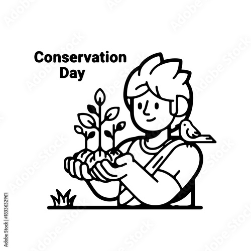 Line art illustration of a compassionate person nurturing young plants, embodying the spirit of environmental protection and sustainable living for a healthier planet