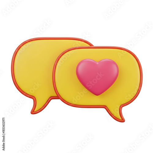3d yellow chat bubbles with pink heart icon isolated on transparent background, png