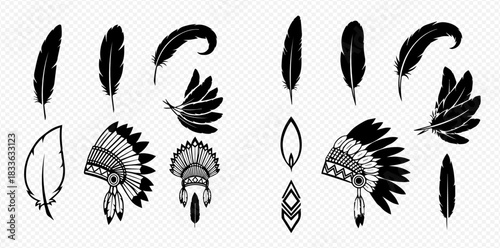 Black and white vector illustrations of Native American feathers and traditional headdresses.