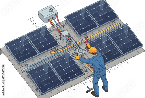Skilled worker in blue overalls installing dark blue solar panels on a grey tiled roof.