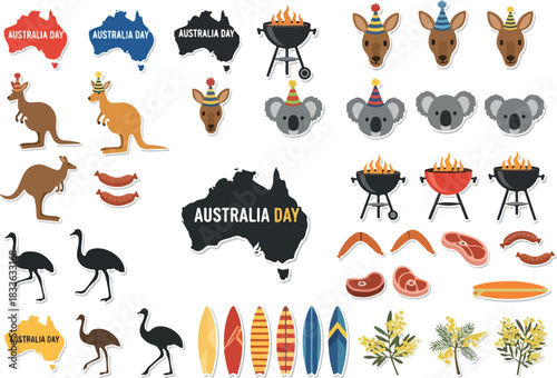 Australia Day Celebration Icons Kangaroo, Koala, BBQ, and Surfboards