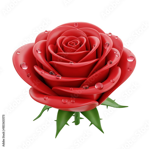 Beautiful vibrant red rose with water droplets isolated on transparent background, png
