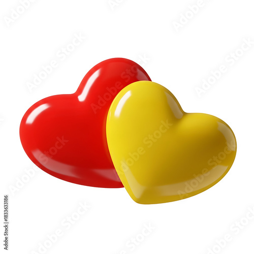 Two shiny heart shapes one red and one yellow isolated on transparent background, png