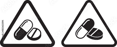 Two warning signs with pill and capsule silhouette