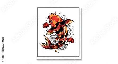 Vibrant Koi Fish Illustration with Lotus Flowers and Traditional Japanese Art Style.