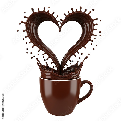 Chocolate splash forming a heart shape above a coffee cup isolated on transparent background, png