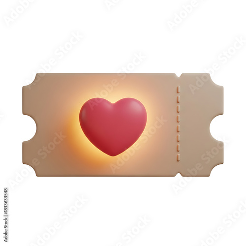 Red heart illuminated on a vintage ticket isolated on transparent background, png