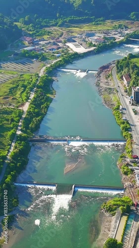 Vertical video. Ardeshen, Turkey. Firtina River Valley. River rapids. Sunny morning. Aerial View, MasterShots. Rich colors