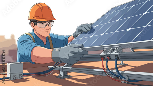 Skilled worker in orange hard hat installing blue solar panel with safety glasses.