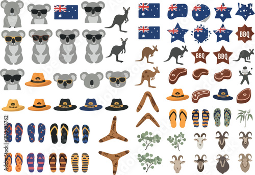 A vibrant collection of Australia-themed cartoon icons featuring animals, symbols, and objects