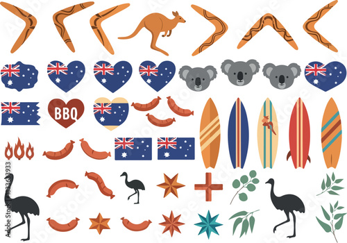 Australian Culture Icons Boomerang, Kangaroo, Koala and Beach Life