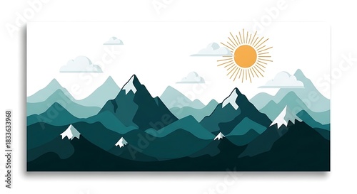 Serene Mountain Landscape with SnowCapped Peaks and Bright Sun.