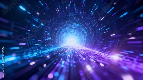 Abstract digital light tunnel representing high-speed data flow and futuristic network connections, with glowing particles accelerating towards a brilliant, infinite light source